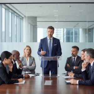 A speaker in a modern professional setting faces a mixed audience, some showing skepticism and rejection, others thoughtful engagement, illustrating the challenge of delivering profound truth.