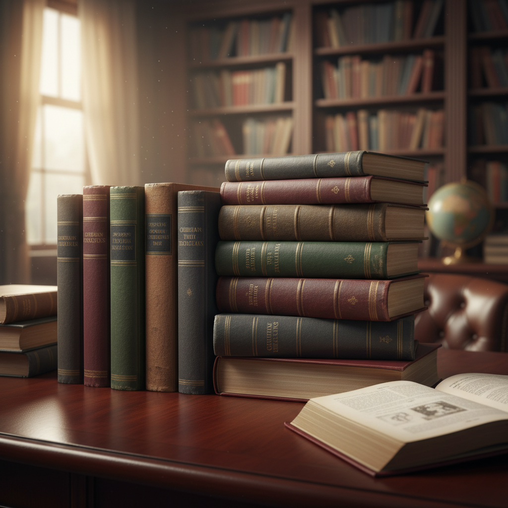 A stack of classic Christian books on a wooden desk in a library setting, with one book open.
