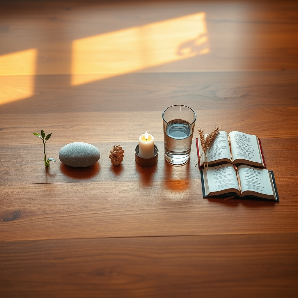A still-life arrangement of seven symbolic objects including a sprouting seedling, a candle, an olive branch, wheat, water, and a small Bible on a wooden surface.
