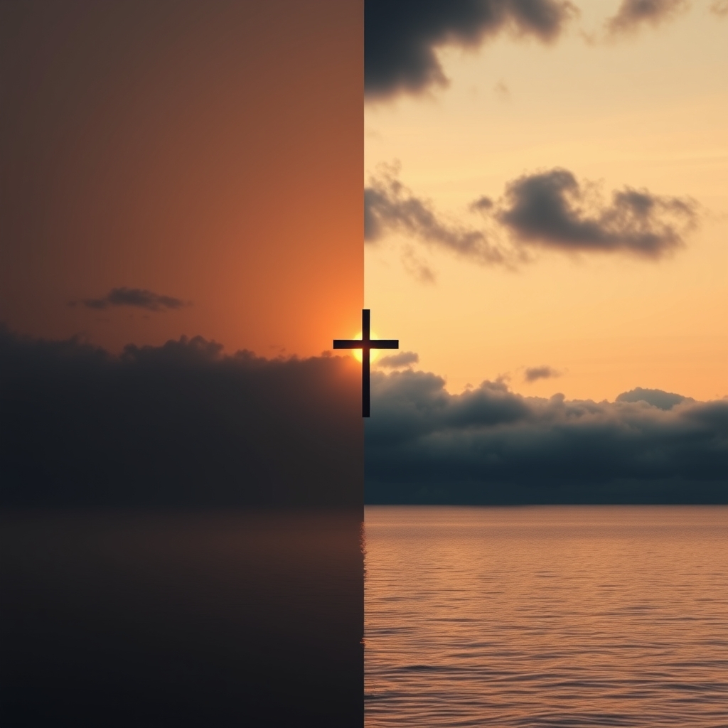 A sunrise over water with a cross silhouette glowing through the light.