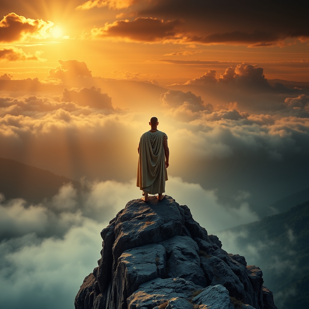 A tall, luminous figure in warrior attire standing atop a rocky precipiece at dawn with sunlight breaking through clouds