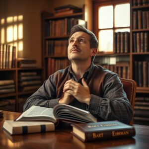 A thoughtful Christian man holds an open Bible in a warm, book-filled study, with a Bart Ehrman book resting nearby, reflecting on faith with peaceful conviction and reverence.