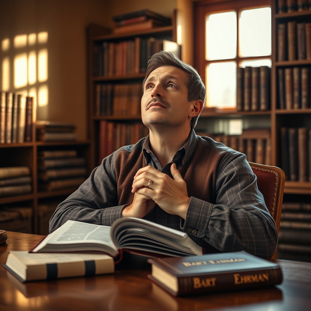 A thoughtful Christian man holds an open Bible in a warm, book-filled study, with a Bart Ehrman book resting nearby, reflecting on faith with peaceful conviction and reverence.
