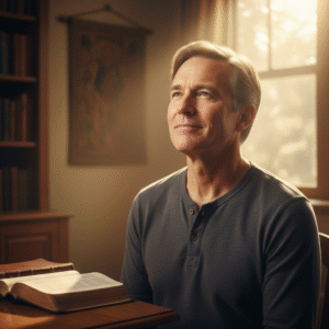 A thoughtful man in a peaceful study, illuminated by a subtle, soft golden light from above, symbolizing divine revelation and spiritual understanding.