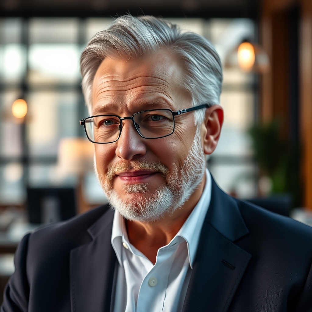 A thoughtful pastor in a professional setting with warm lighting