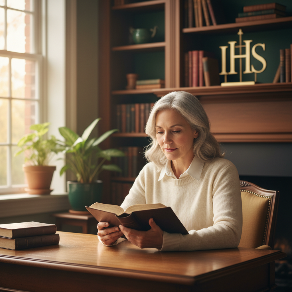 A thoughtful woman reading a Bible in a study, with an IHS symbol visible in the background.