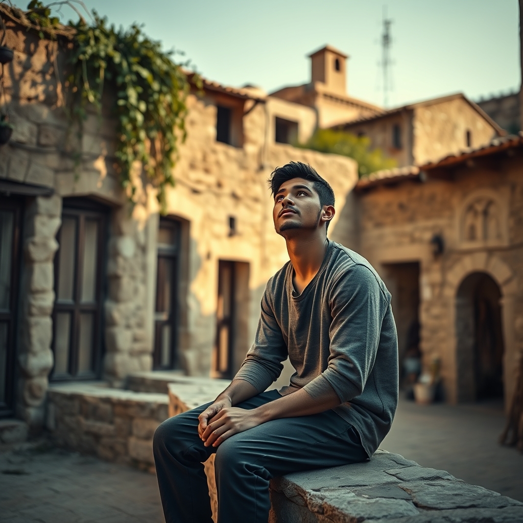 A thoughtful young man sits on a stone wall in a rustic Middle Eastern village courtyard, looking upward with a contemplative and questioning expression.