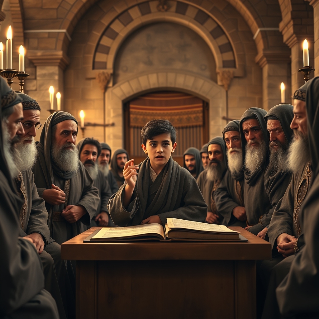 A twelve-year-old Middle Eastern boy seated among elderly Jewish scholars inside a candlelit ancient temple, gesturing as he speaks while the scholars listen with expressions of astonishment.