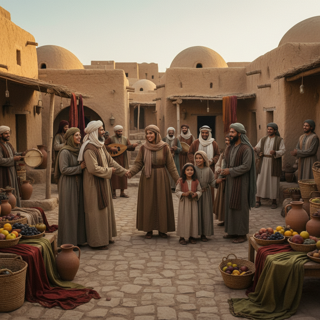 A vibrant scene of an ancient Middle Eastern wedding celebration with guests gathered in a village setting.