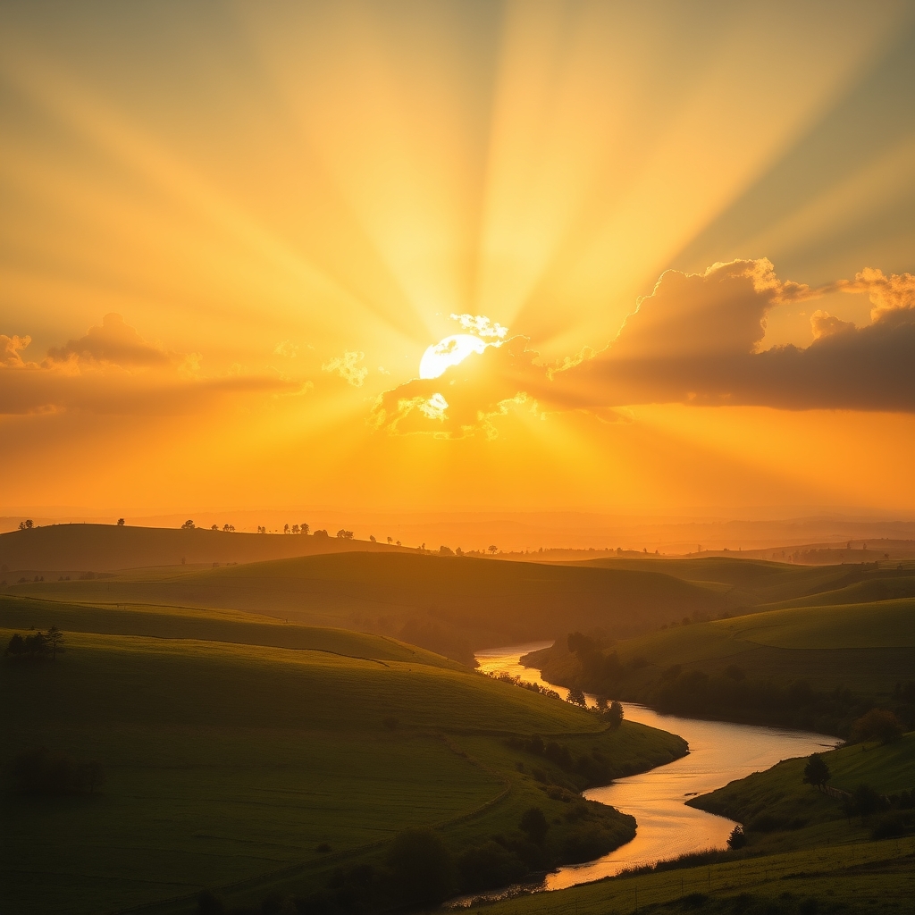 A warm golden sunrise over rolling green hills and a calm river, symbolizing the eternal promise of Jesus Christ's presence.