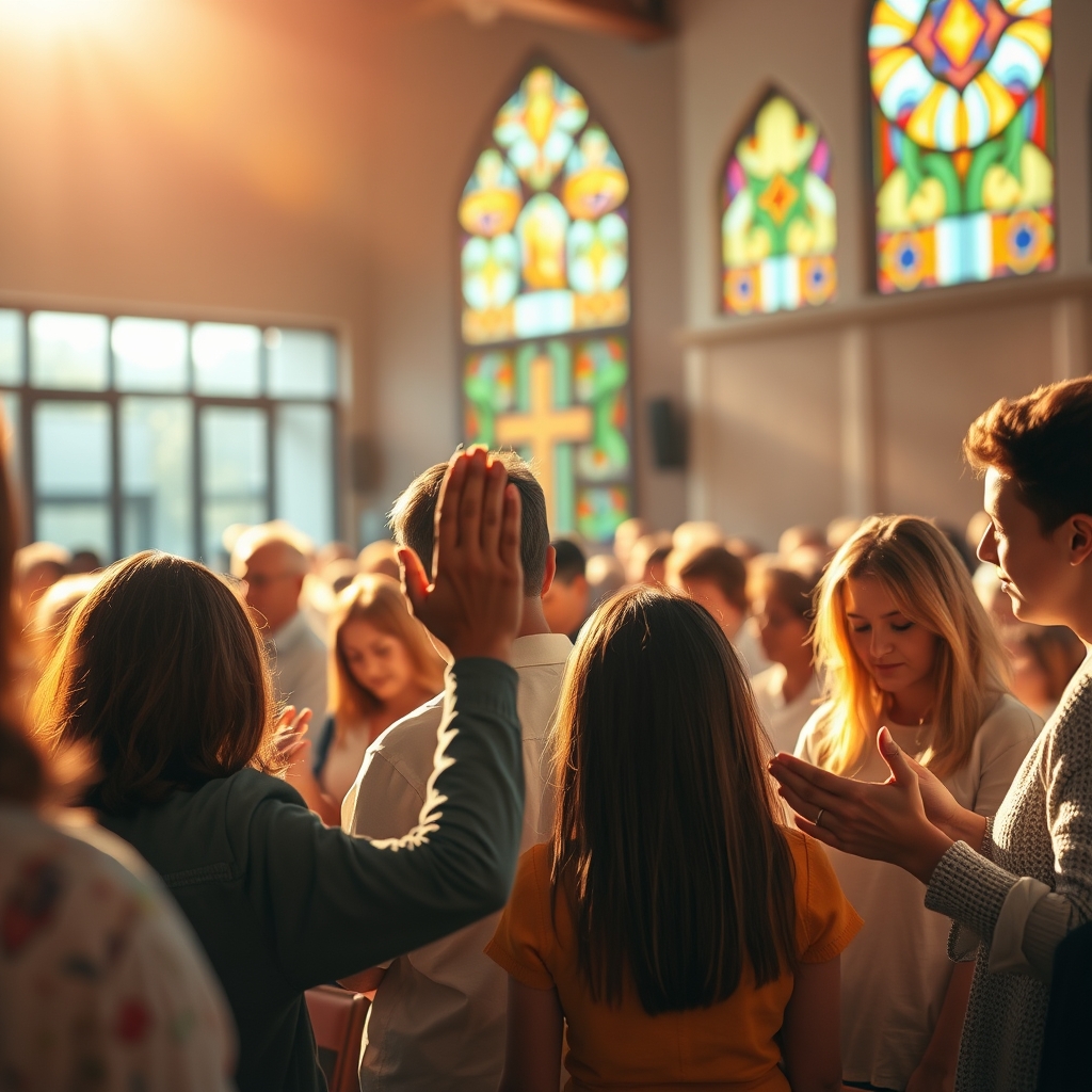 A warm, intimate gathering of diverse people in a modern church setting, with soft light through stained glass windows, hands joined in prayer, capturing Christian fellowship and hope.