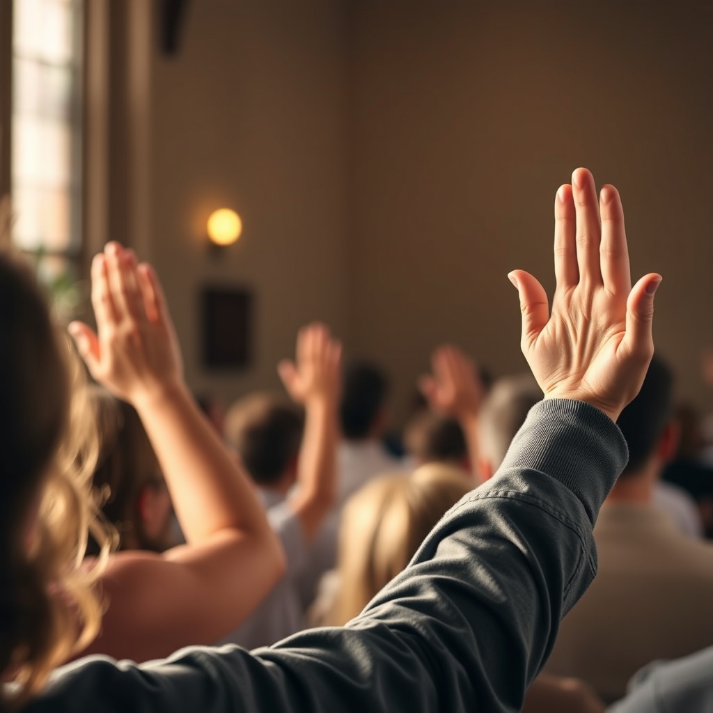 A warm, intimate worship setting with soft natural lighting, a close-up of hands raised in worship, gentle and serene, professional photography, photorealistic, high-quality stock photo style