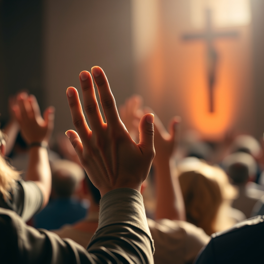 A warm, intimate worship setting with soft natural lighting, a close-up of hands raised in worship, gentle and serene, professional photography, photorealistic, high-quality stock photo style