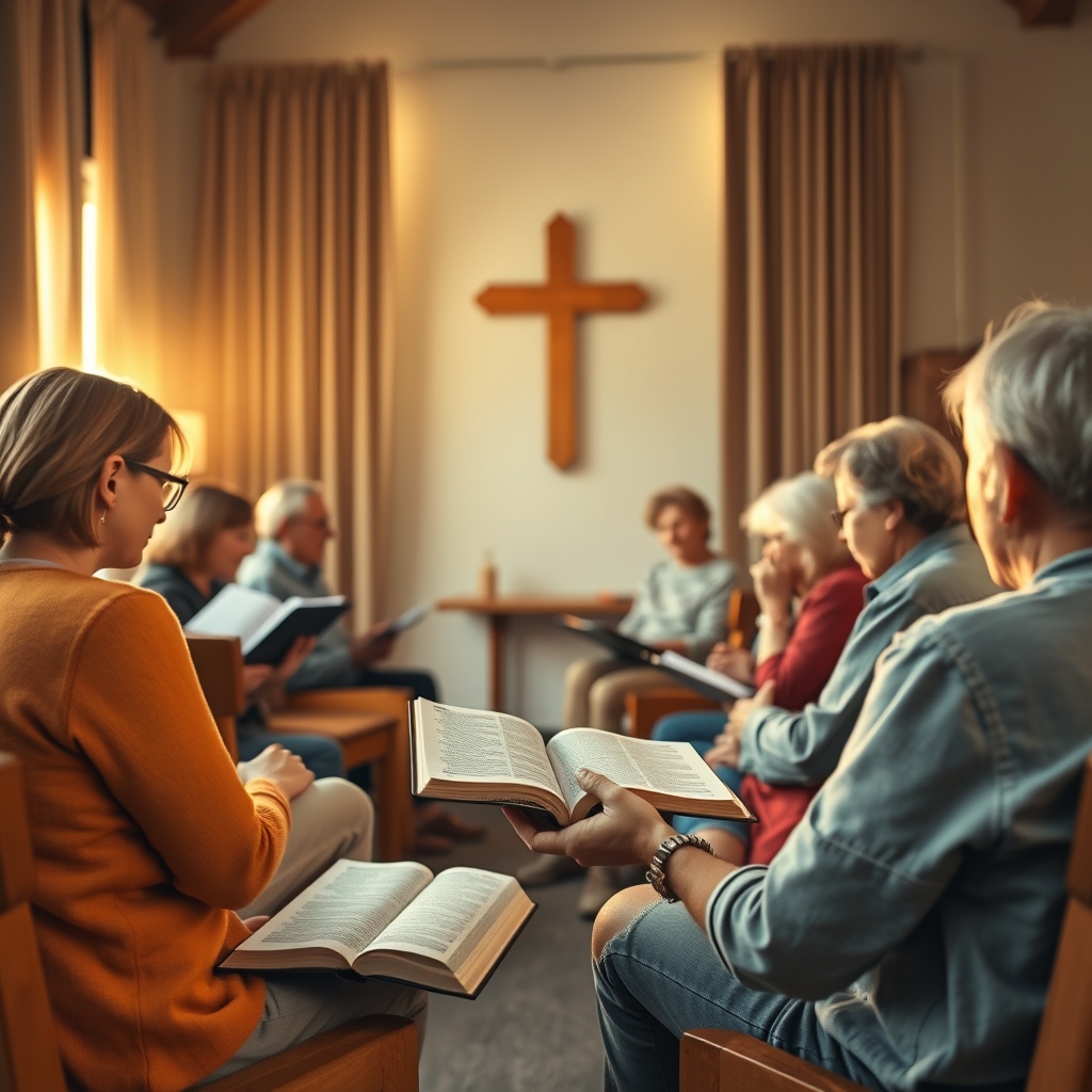 A warm-lit small-group Bible study in a cozy modern church with diverse participants focused on Scripture and a cross in the background.