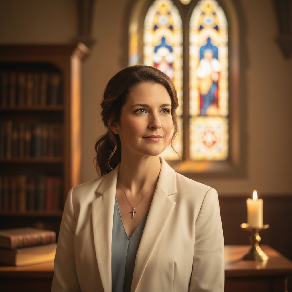 A warm, photorealistic portrait of a Christian woman with a gentle, compassionate expression, standing in a peaceful, softly lit setting that evokes faith and spiritual depth, suitable as a featured image for an article about Rachel Ruth Lotz Wright.