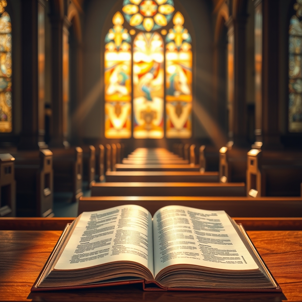 A warmly lit church interior with golden light streaming through stained glass windows, illuminating an open Bible resting on a wooden pew, evoking a reverent and peaceful atmosphere of God's presence.