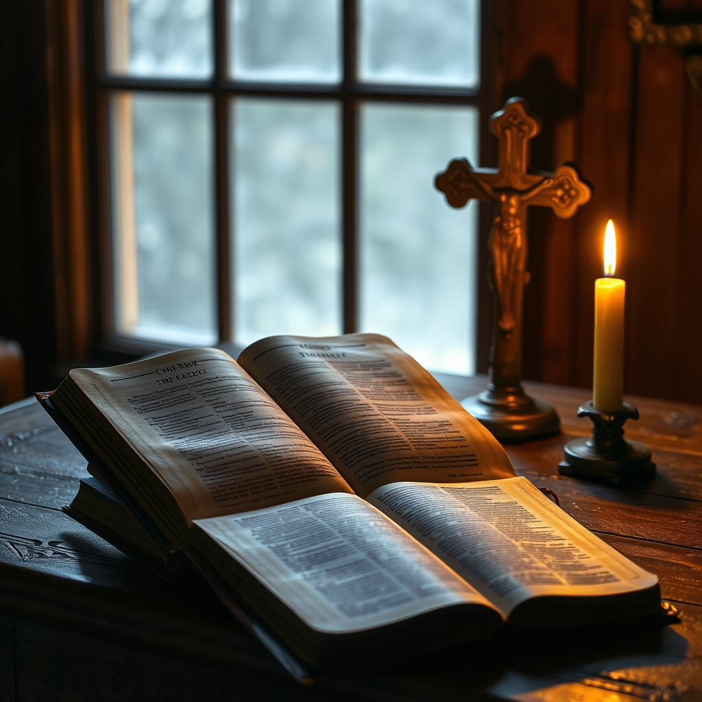 A warmly lit open Bible on an ancient wooden desk beside a flickering candle, with a wooden cross visible in the background, evoking reverence and quiet contemplation.