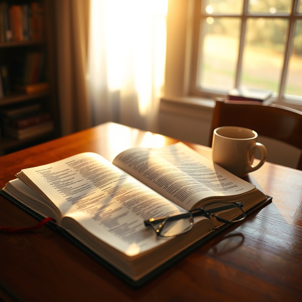 A warmly lit open Bible resting on a wooden desk beside reading glasses and a coffee mug, bathed in soft morning sunlight, conveying a peaceful and reverent atmosphere.