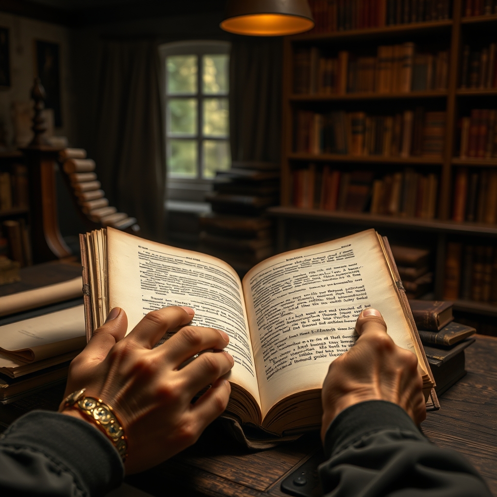 A weathered ancient manuscript lies open on a wooden desk in a dimly lit study, with aged hands gently touching the pages, suggesting careful scholarly examination.