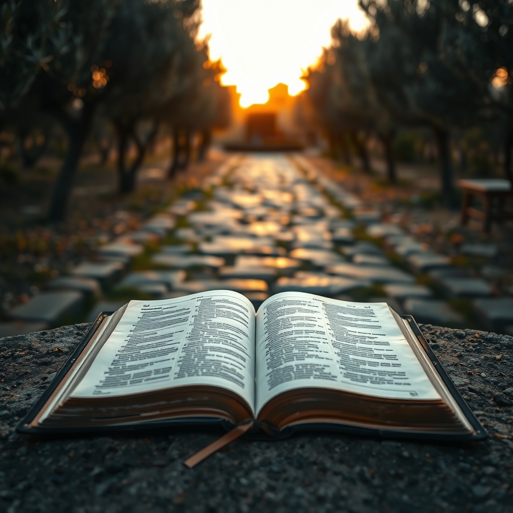 A weathered open Bible resting on an ancient stone surface bathed in warm golden-hour light beneath olive trees, evoking the solemn atmosphere of the Garden of Gethsemane in Luke 22.
