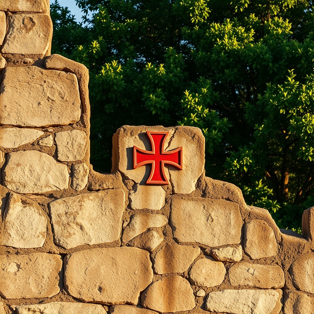A weathered stone castle wall in Portugal featuring the carved red cross of the Order of Christ at golden hour.