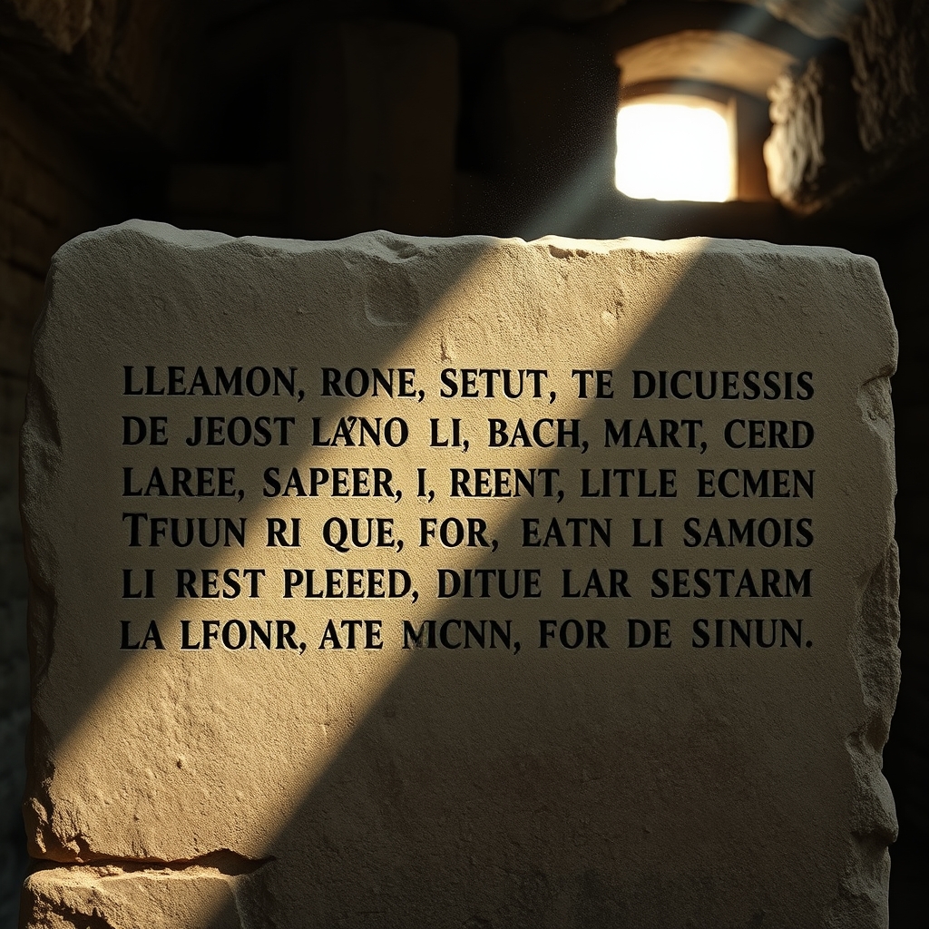 A weathered stone inscription with ancient Latin text illuminated by a beam of natural light in a dimly lit archaeological setting.