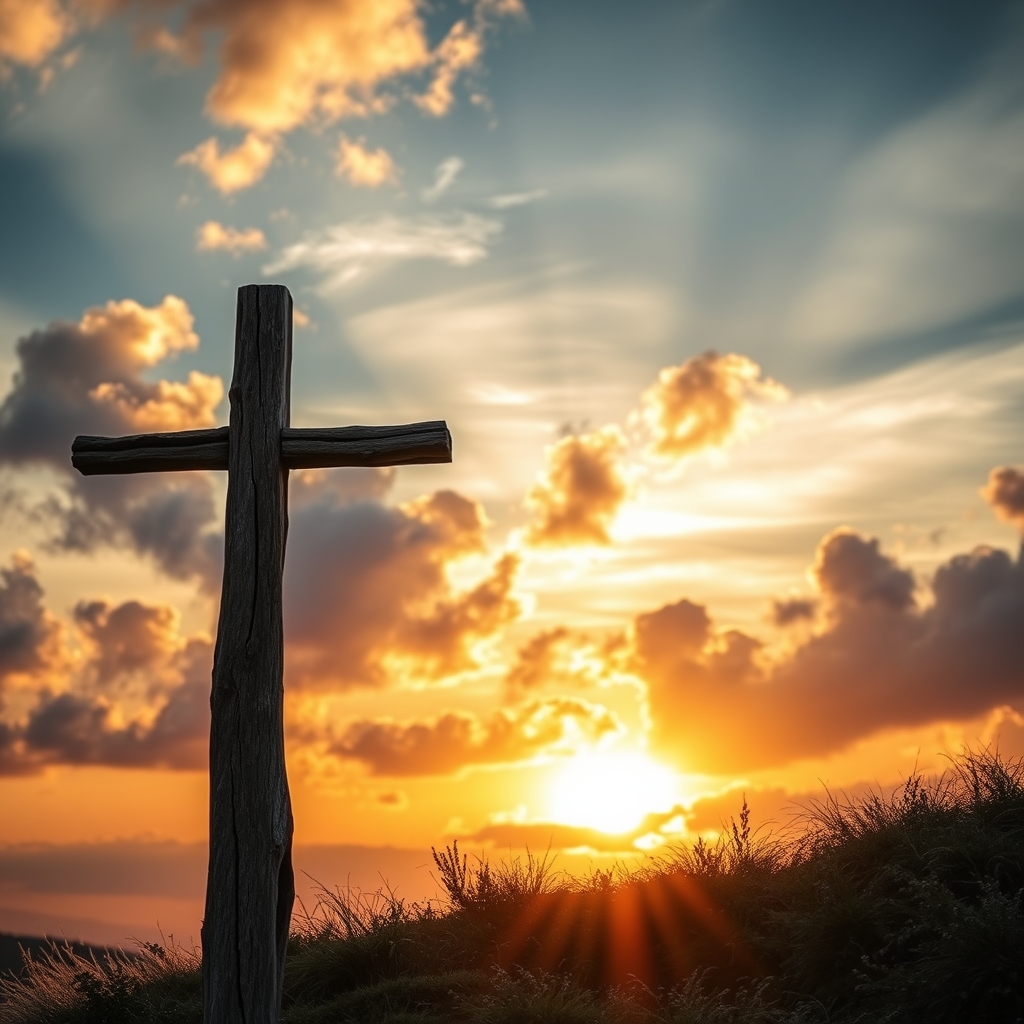 A weathered wooden cross against a sunset sky, symbolizing sacrifice and redemption.