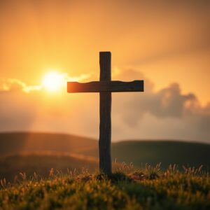 A weathered wooden cross illuminated by a single beam of golden sunlight breaking through clouds on a peaceful hillside, surrounded by lush greenery and wildflowers, evoking a sense of divine joy and spiritual reverence.