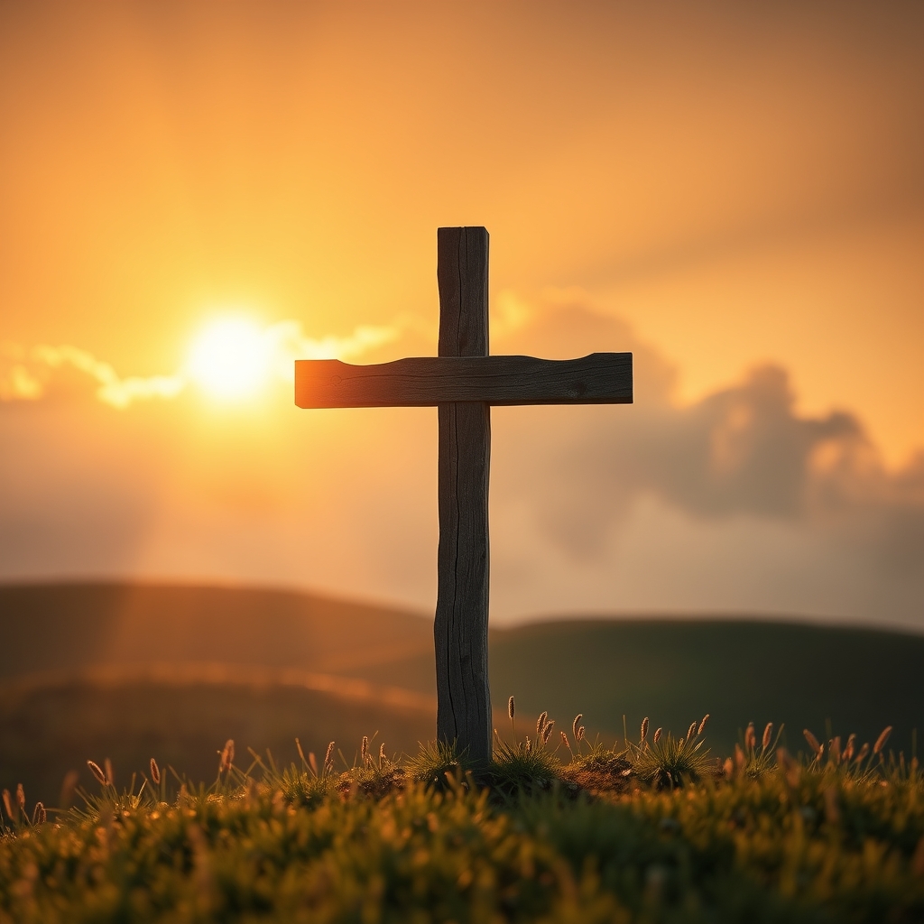 A weathered wooden cross illuminated by a single beam of golden sunlight breaking through clouds on a peaceful hillside, surrounded by lush greenery and wildflowers, evoking a sense of divine joy and spiritual reverence.