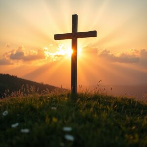 A weathered wooden cross illuminated by golden sunset light on a peaceful hilltop, surrounded by wildflowers and soft grass, evoking reverence, hope, and Christ's eternal love.