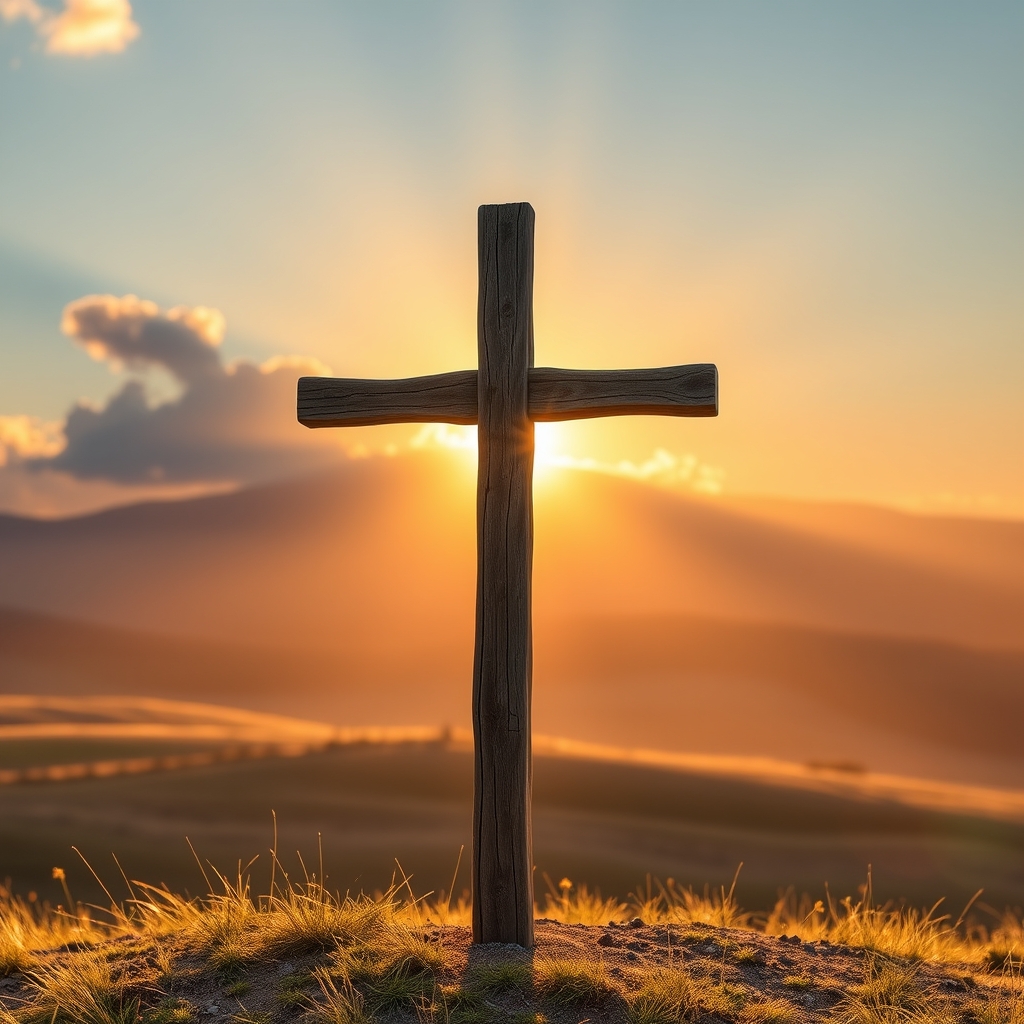 A weathered wooden cross on a hill at sunrise, symbolizing faith and devotion, with soft golden light and a serene landscape.