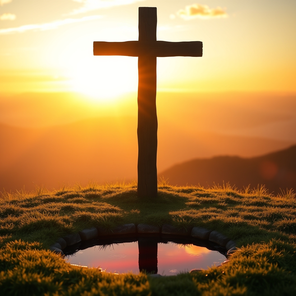 A weathered wooden cross on a hilltop at golden hour, with warm light, a reflective pool of water in the foreground, and a dramatic sky symbolizing the blood and water from Jesus' side in John 19:34.