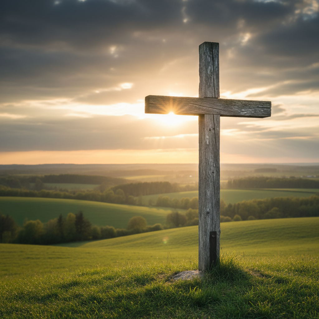 A weathered wooden cross on a hilltop at golden hour with warm sunlight streaming through clouds over rolling green hills, evoking reverence and spiritual reflection