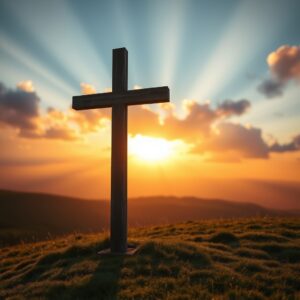 A weathered wooden cross standing on a hilltop at golden hour with dramatic clouds and warm sunlight, symbolizing sacrifice, redemption, and spiritual reflection.