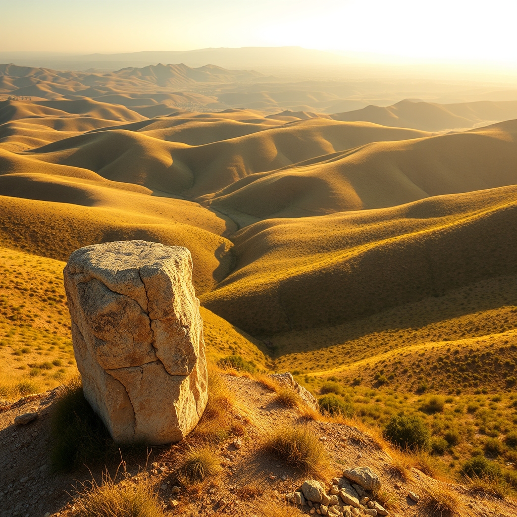 A wide, photorealistic landscape photograph of ancient rolling hills in Israel bathed in golden sunlight, resembling the biblical region of Mizpah.