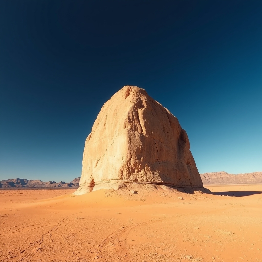 A wide view of an arid desert with a large solitary stone formation under a bright blue sky, evoking the Old Testament imagery of God as a refuge.
