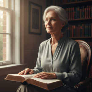 A wise-looking older person contemplating an open Bible in a sunlit room, symbolizing deep spiritual reflection and understanding.