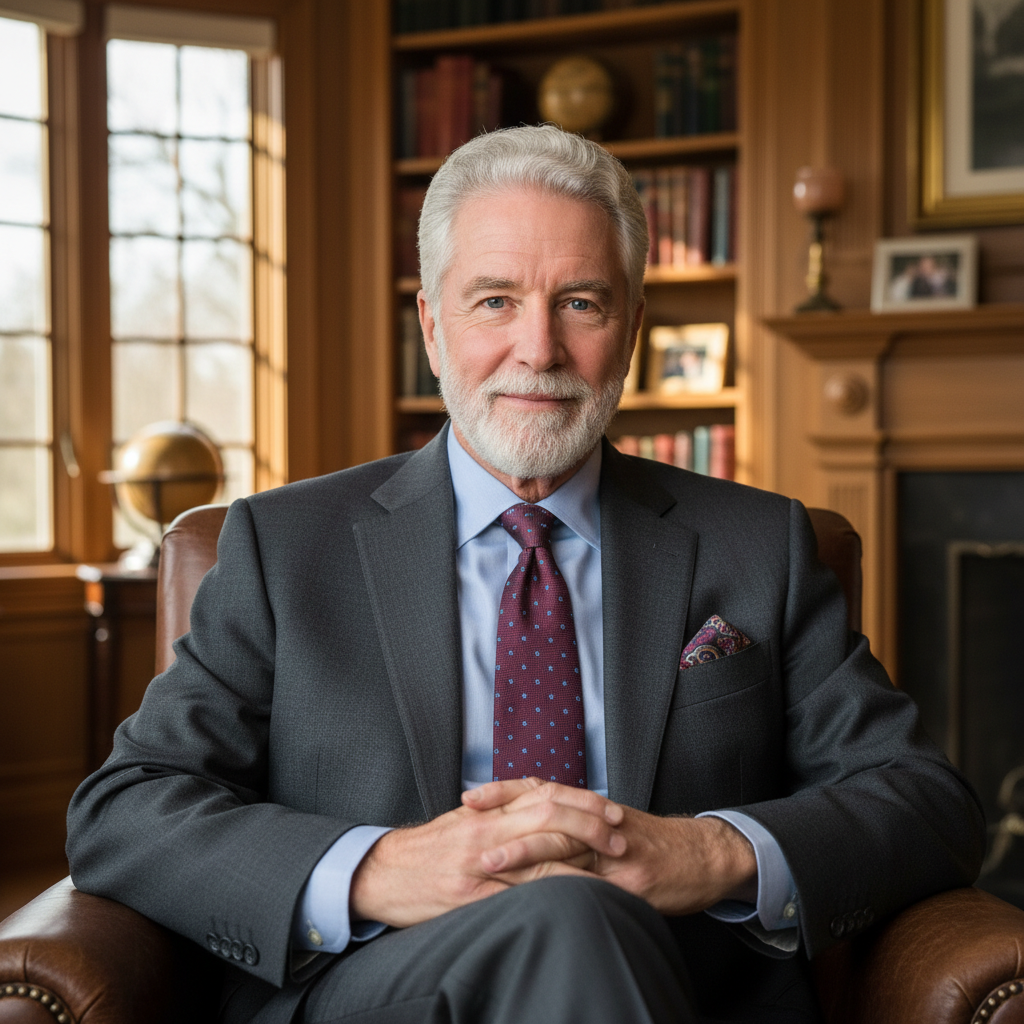 A wise, older Caucasian man in a suit, seated in a warm study, reflecting a thoughtful spiritual leader.