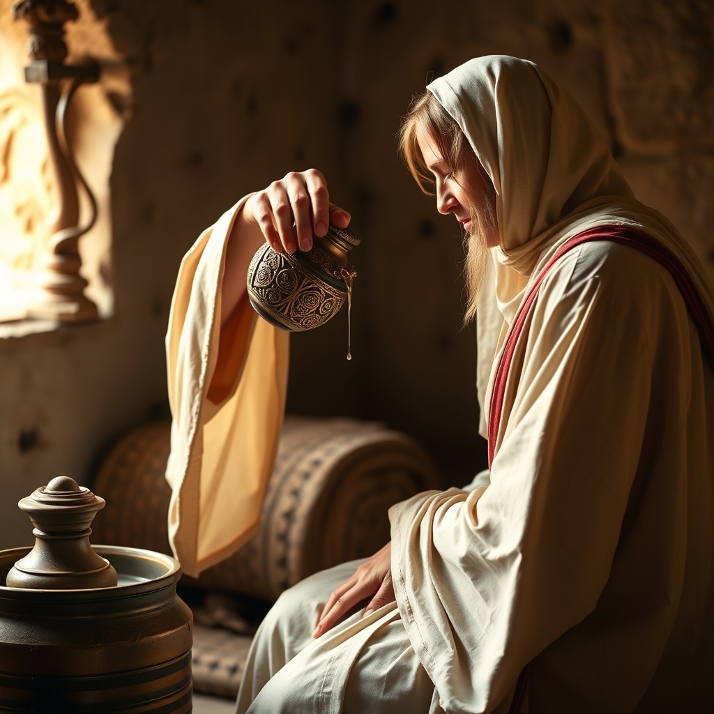 A woman anointing Jesus with perfume in a biblical setting