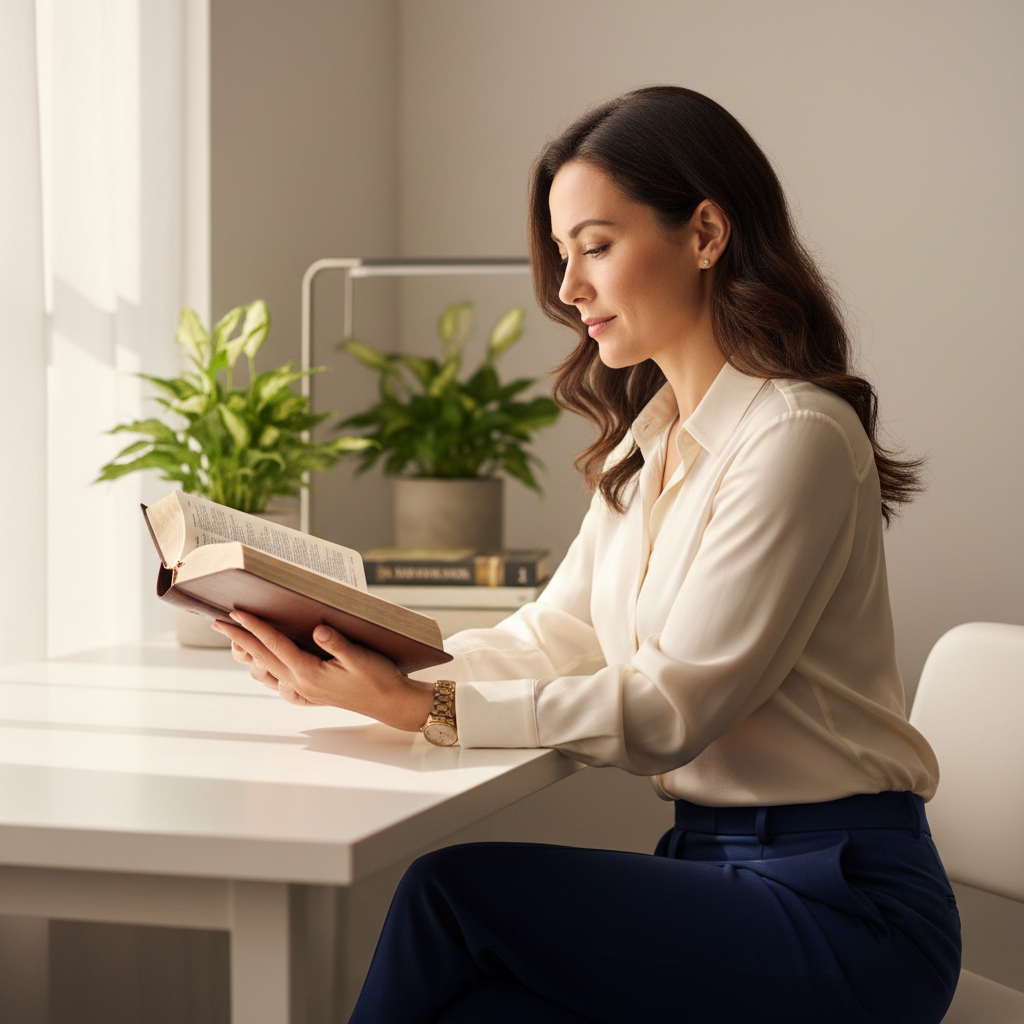 A woman in a modern office studying an open Bible with a thoughtful expression.