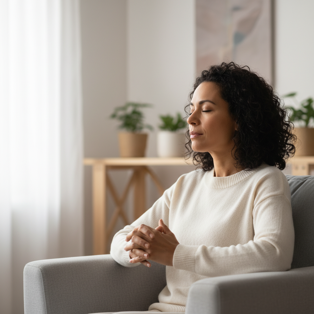 A woman in deep prayer, her face reflecting spiritual peace and understanding.