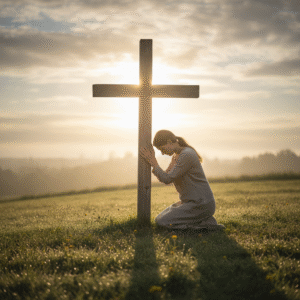 A woman kneeling in prayer at the base of a weathered wooden cross on a misty morning, bathed in golden light, symbolizing finding rest and hope beneath the cross of Jesus.