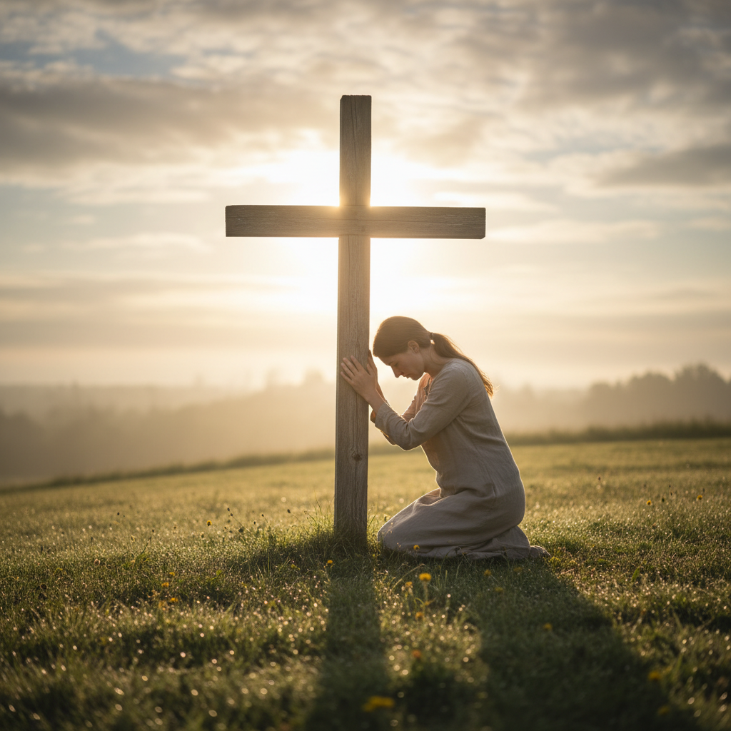 A woman kneeling in prayer at the base of a weathered wooden cross on a misty morning, bathed in golden light, symbolizing finding rest and hope beneath the cross of Jesus.