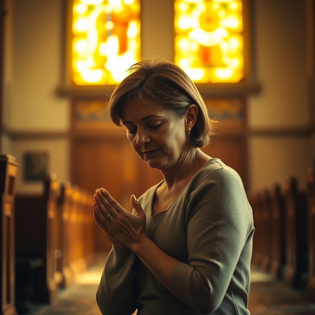A woman kneeling in prayer in a church with stained glass windows