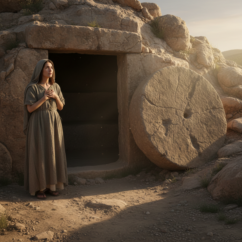 A woman looking in awe at the empty rock-hewn tomb of Jesus with the stone rolled away, illuminated by morning light.