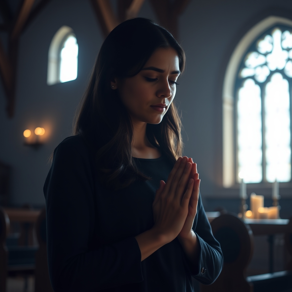 A woman praying in a quiet chapel, evoking a sense of peace, reverence, and faith.