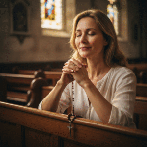 A woman praying with clasped hands, conveying deep faith and hope in difficult times.