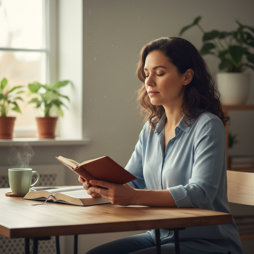 A woman quietly reflecting and reading an open Bible in a peaceful home setting, bathed in soft natural light.
