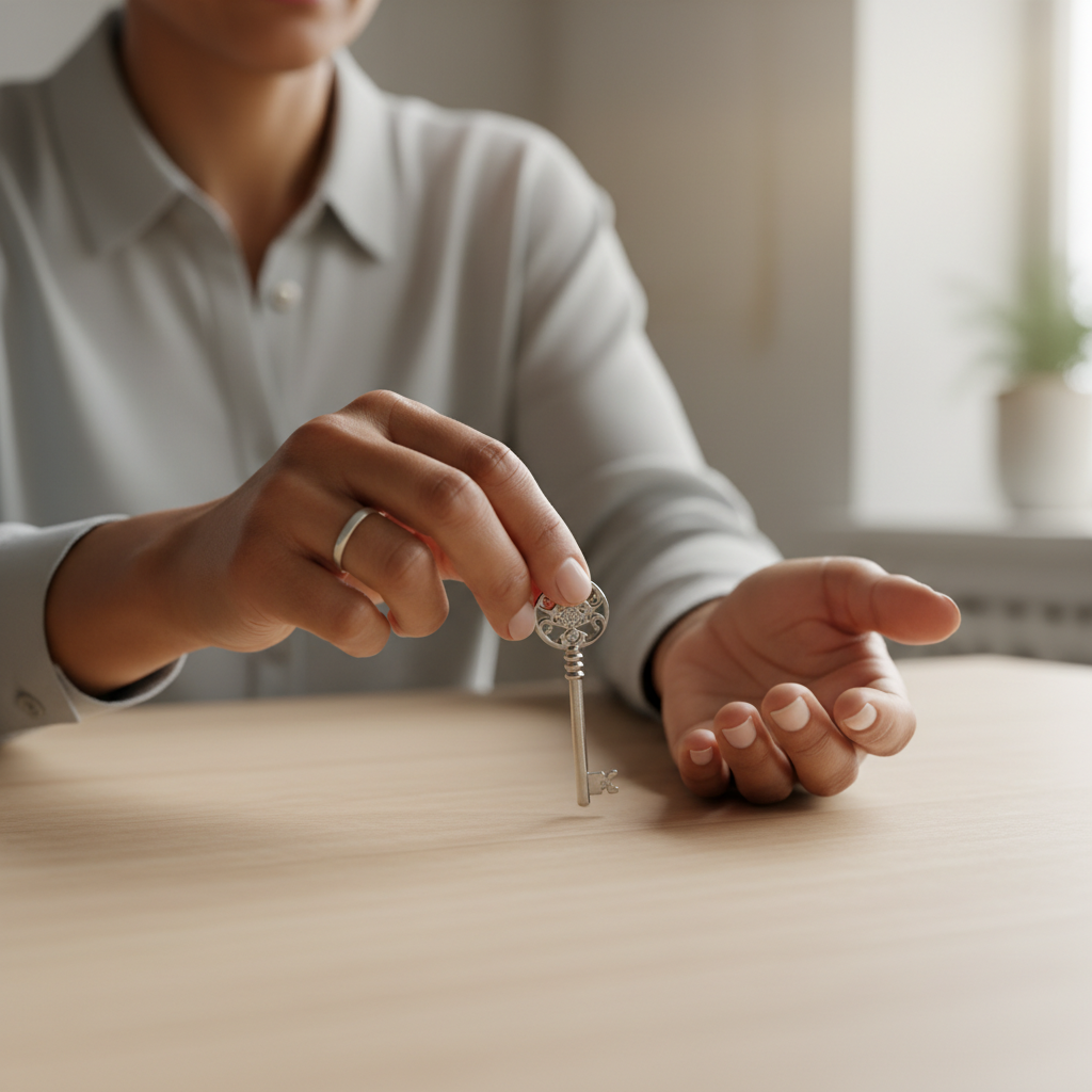 A woman's hands gently place a silver key onto a wooden surface, symbolizing letting go.