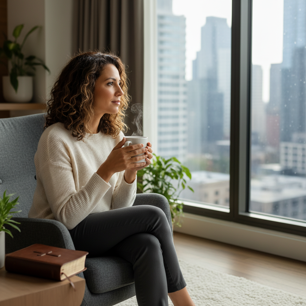 A woman sitting by a window with a serene expression, reflecting and finding peace in a modern home.